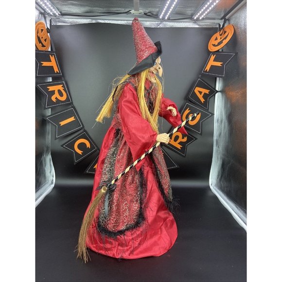 Halloween Witch Doll  Broom Hat Black & Orange 24 Inch Tall Tested & Working - Picture 3 of 7